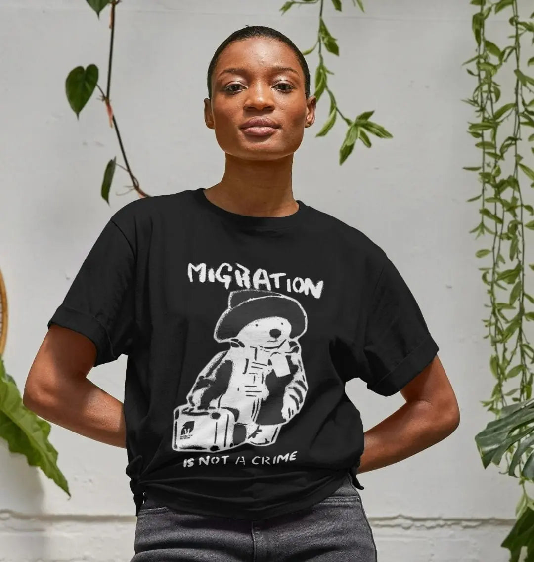 Migration Is Not A Crime - Organic Cotton Women's Black Relaxed Fit T-shirt - Migration Museum Shop