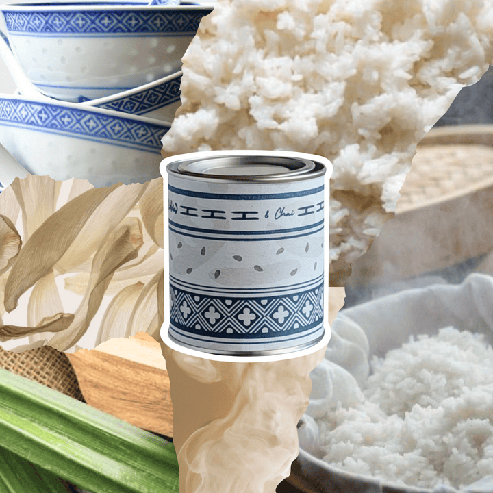 Sik Faan Soy Candle in patterned tin with rice and chinese bowls in the background