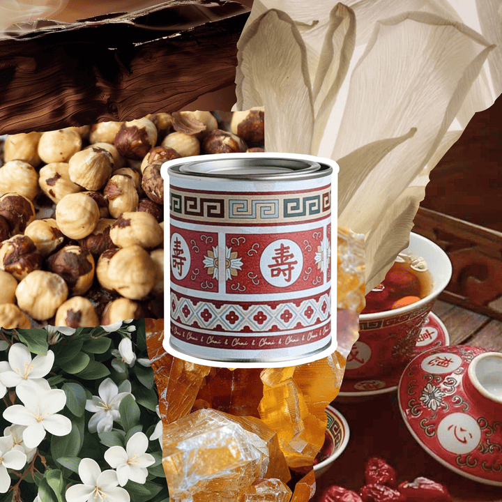 Spill the Tea Soy Candle in patterned tin with background images of tea, hazelnuts and jasmine