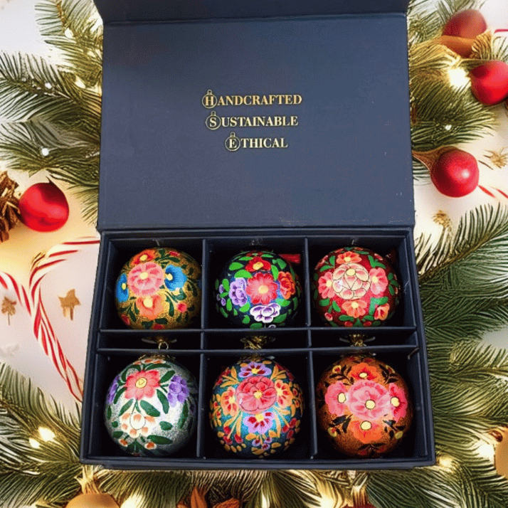 Handmade Kashmiri Bauble Decorations (gift set of 6) by Honest