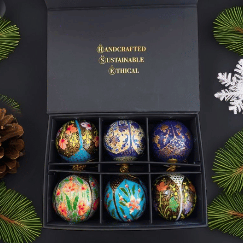 Handmade Kashmiri Bauble Decorations (gift set of 6) by Honest