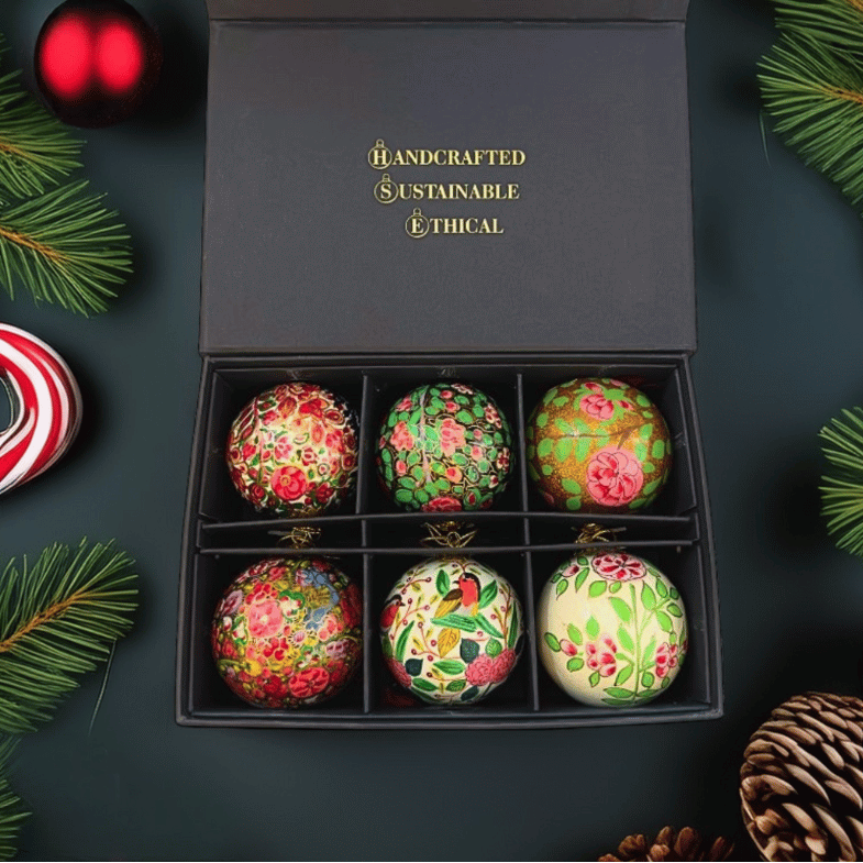 Handmade Kashmiri Bauble Decorations (gift set of 6) by Honest