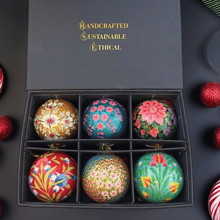 Handmade Kashmiri Bauble Decorations (gift set of 6) by Honest