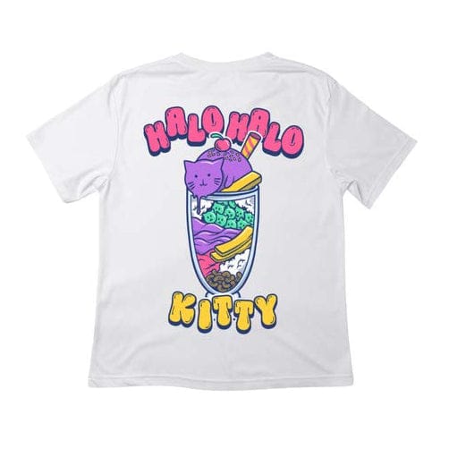 White t-shirt with colorful 'Halo Halo Kitty' graphic on a white background