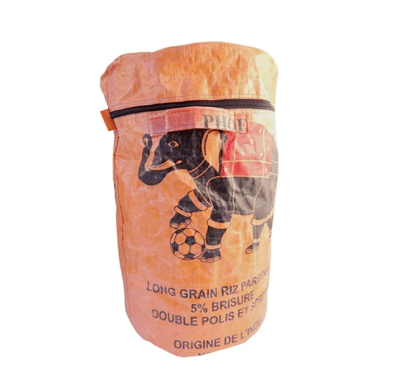 Upcycled large cylindrical zip bag Migration Museum